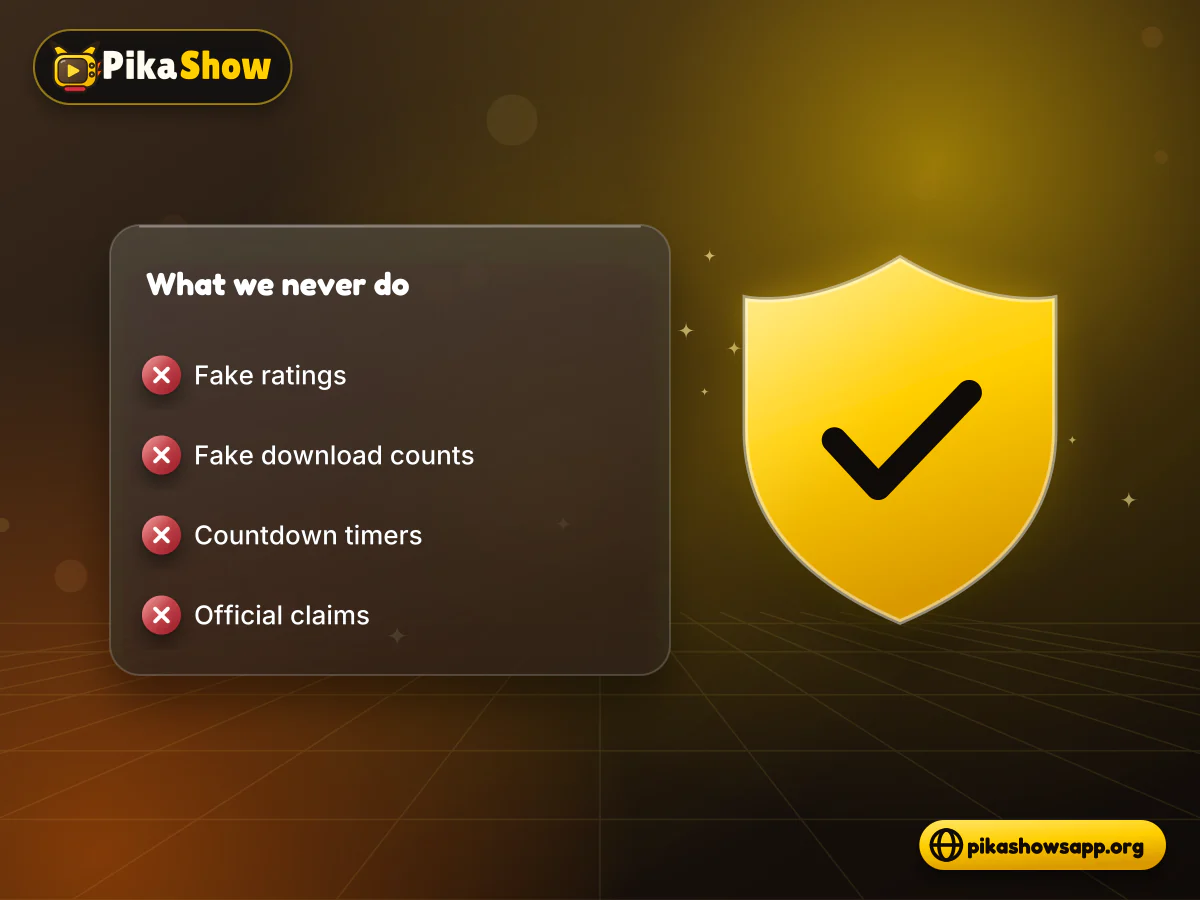 Checklist rejecting fake ratings, fake download counts, countdown timers and official claims