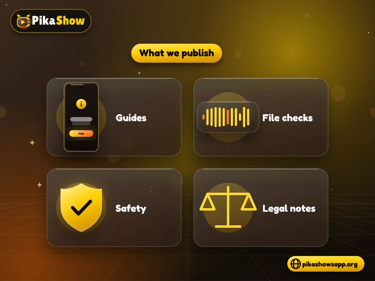 Four tiles for guides, APK file checks, safety tips and legal notes published on this website