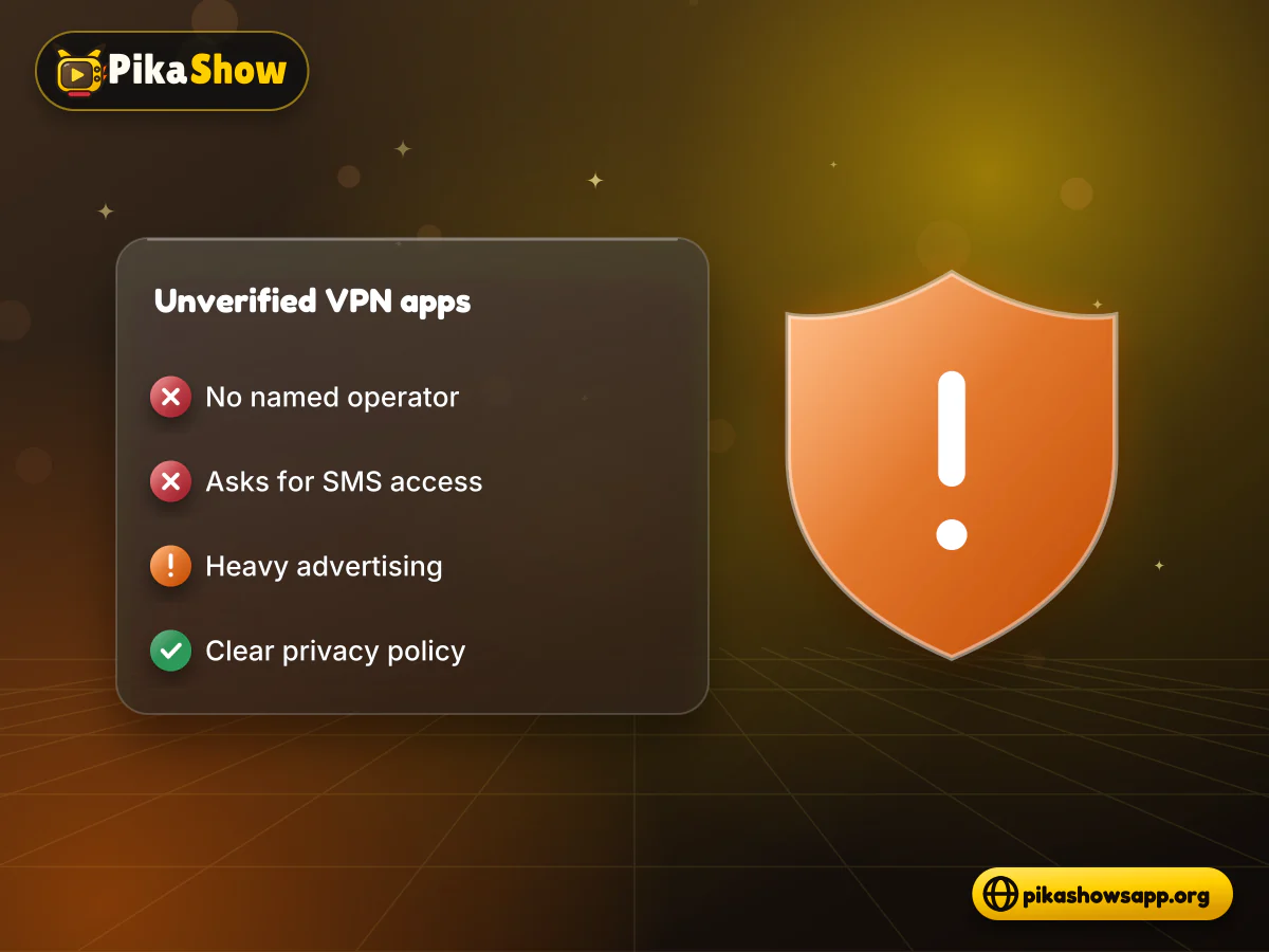 Avoid unverified VPN apps Warning shield over an unverified free VPN app requesting contacts and SMS permissions
