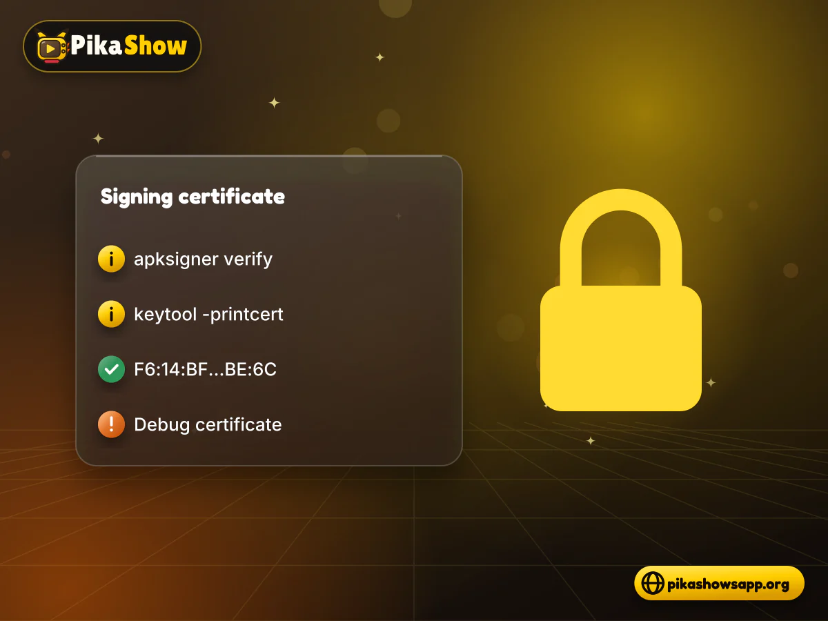 APK signature verification showing a signing certificate fingerprint being matched in a terminal