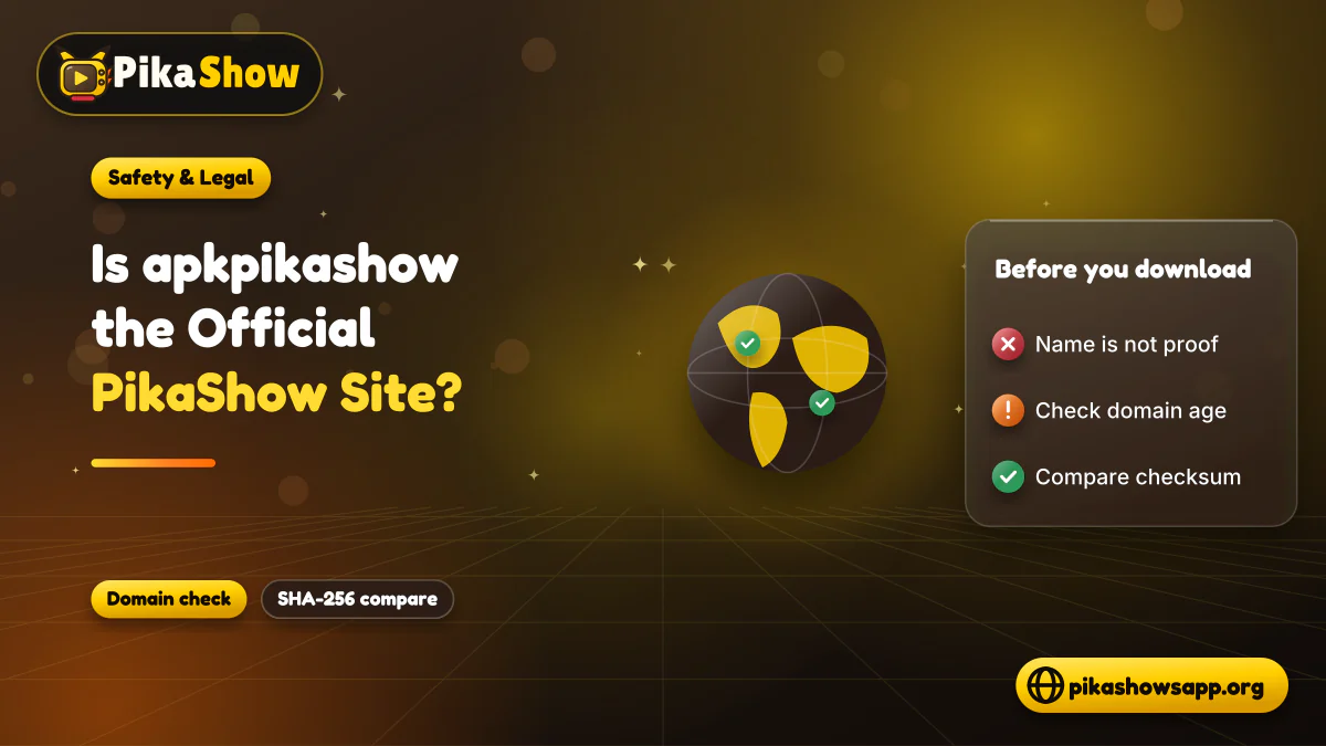 Browser address bar reading apkpikashow beside a magnifier and a checklist of site checks