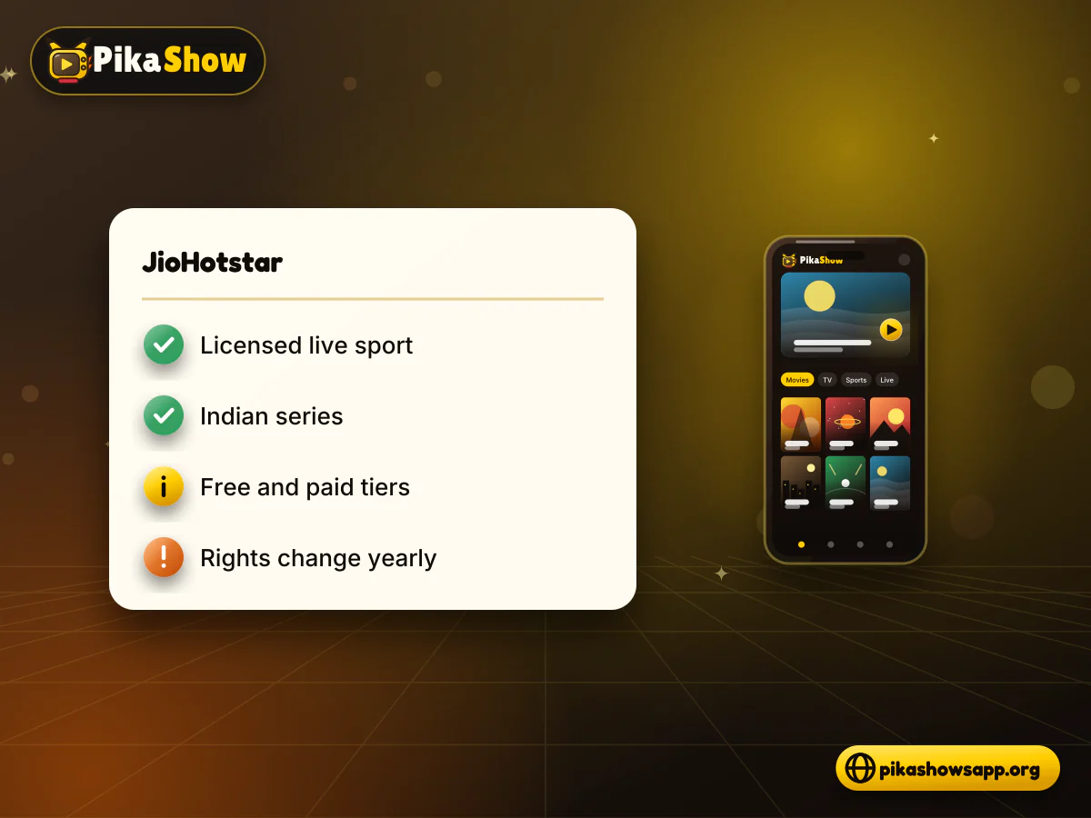 JioHotstar for sport and series JioHotstar-style app on a phone and TV showing live cricket and Indian series as a legal PikaShow alternative