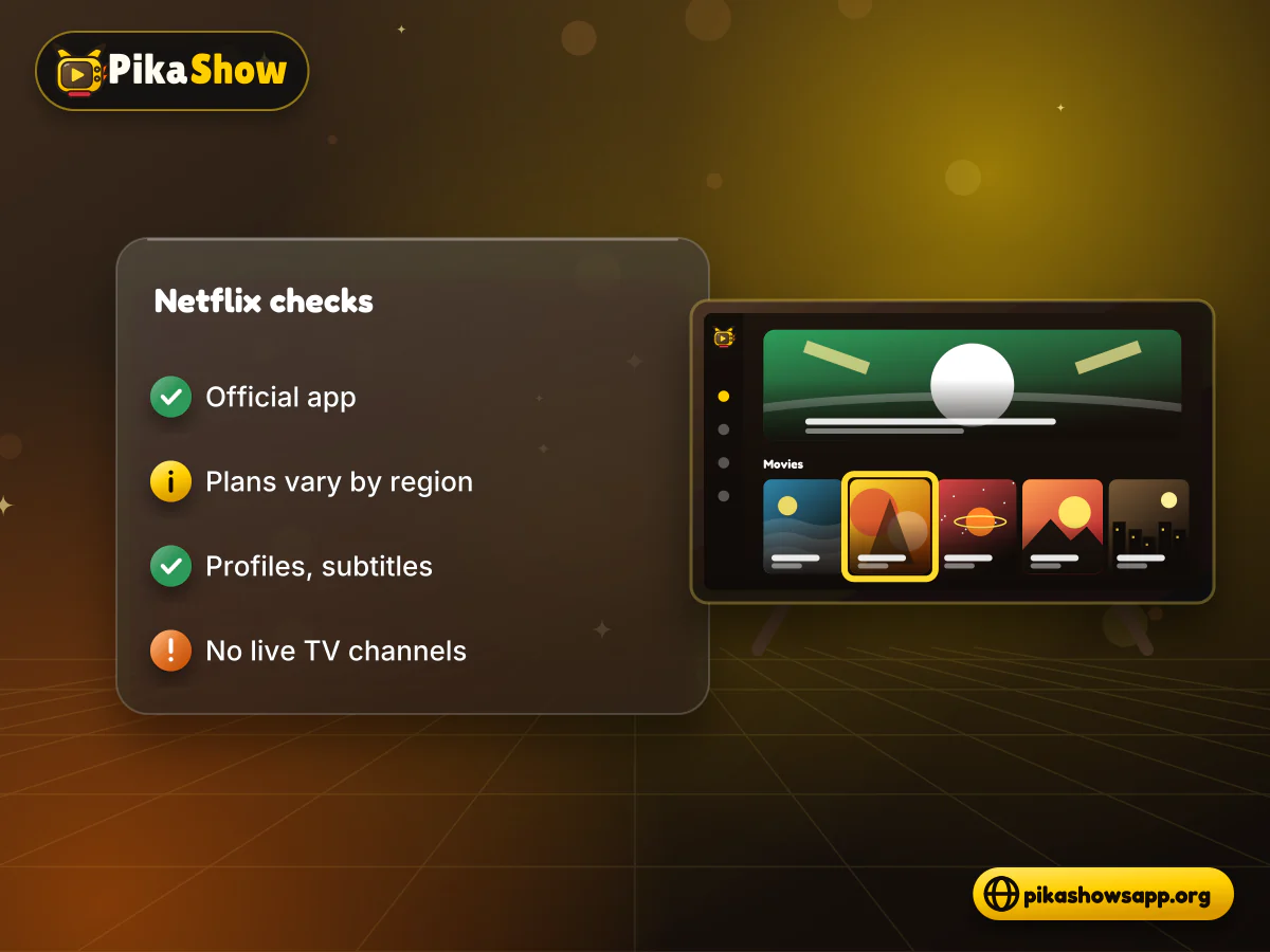 Netflix plans and devices Netflix-style streaming app on a phone and TV with profile, subtitle and download checks as a PikaShow alternative