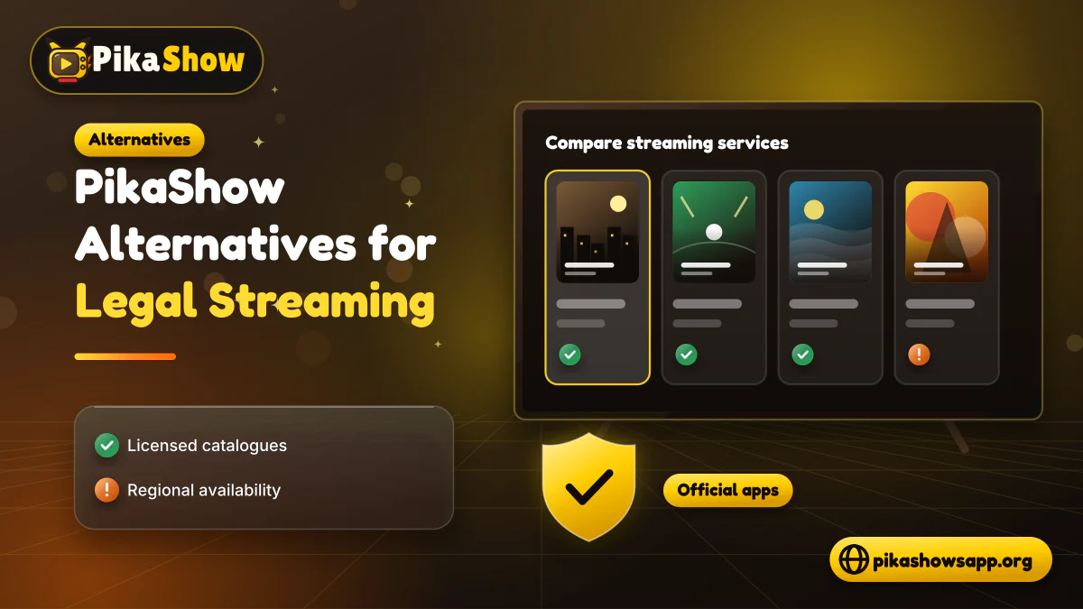 TV screen comparing legal streaming service cards beside a licensed catalogue checklist