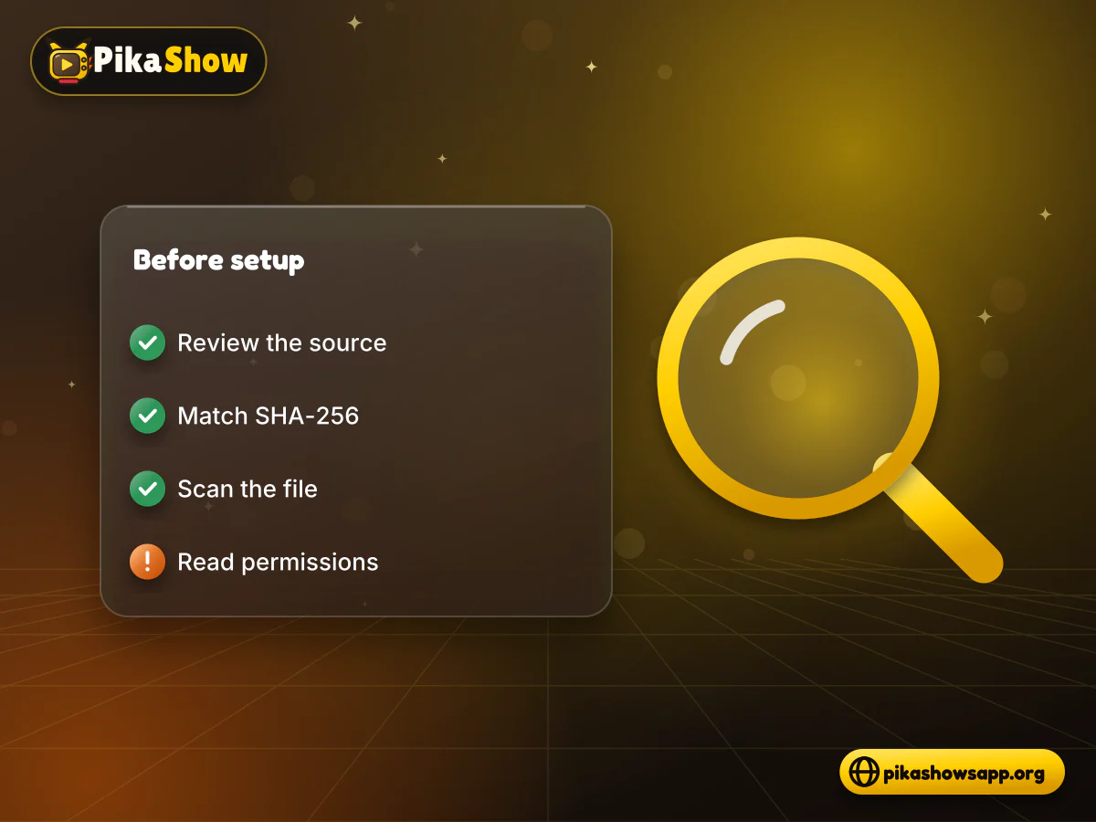 Checks before PikaShow setup Checklist for PikaShow setup covering download source, SHA-256 checksum, file scan and permissions