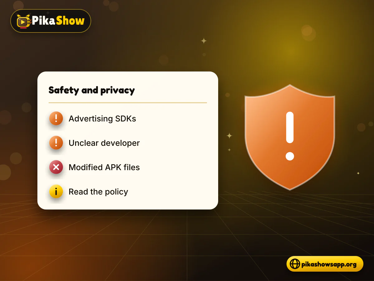 PikaShow safety and privacy Shield with warning mark beside PikaShow app permissions and advertising tracker icons