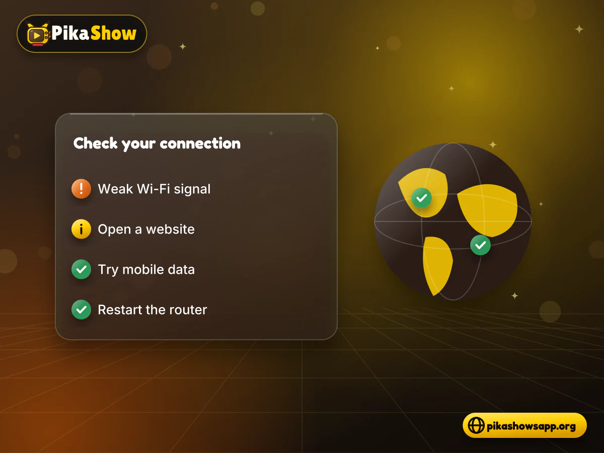 Phone with weak Wi-Fi signal and network checklist for fixing PikaShow app not loading content