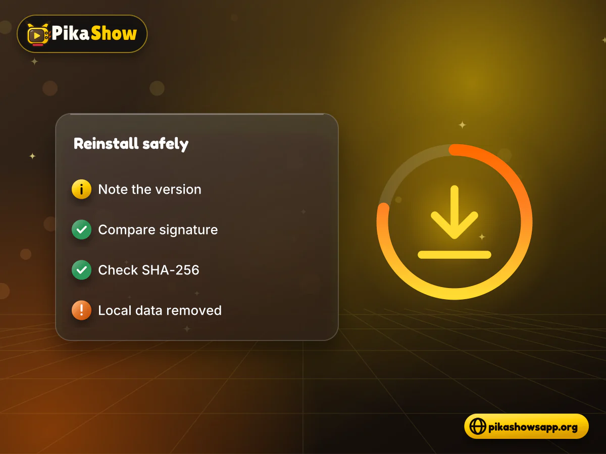 PikaShow APK reinstall checklist with signature and checksum checks before uninstalling the app