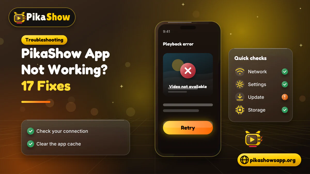 Phone showing a PikaShow playback error beside quick checks for network, settings, updates and storage