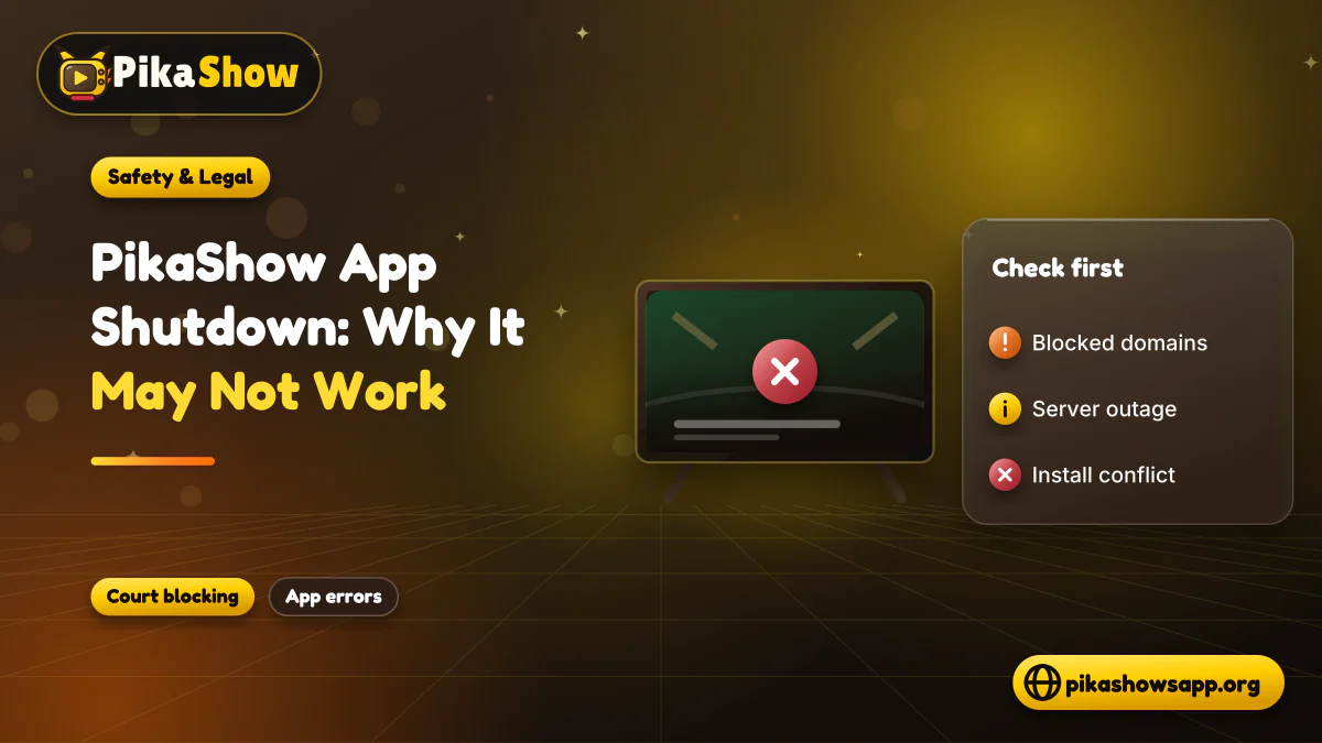 Locked TV app beside a checklist of blocked domains, server outage and install conflict for the PikaShow app shutdown