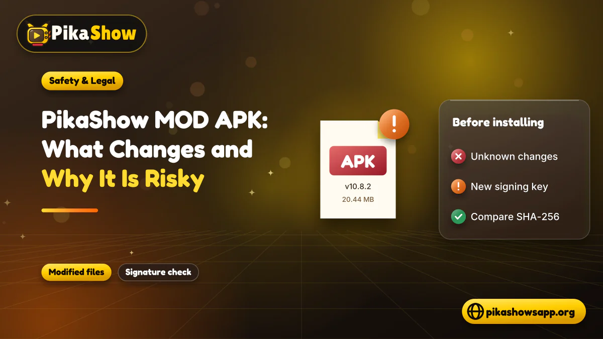 Modified PikaShow MOD APK package with warning rows for unknown changes and a signature check