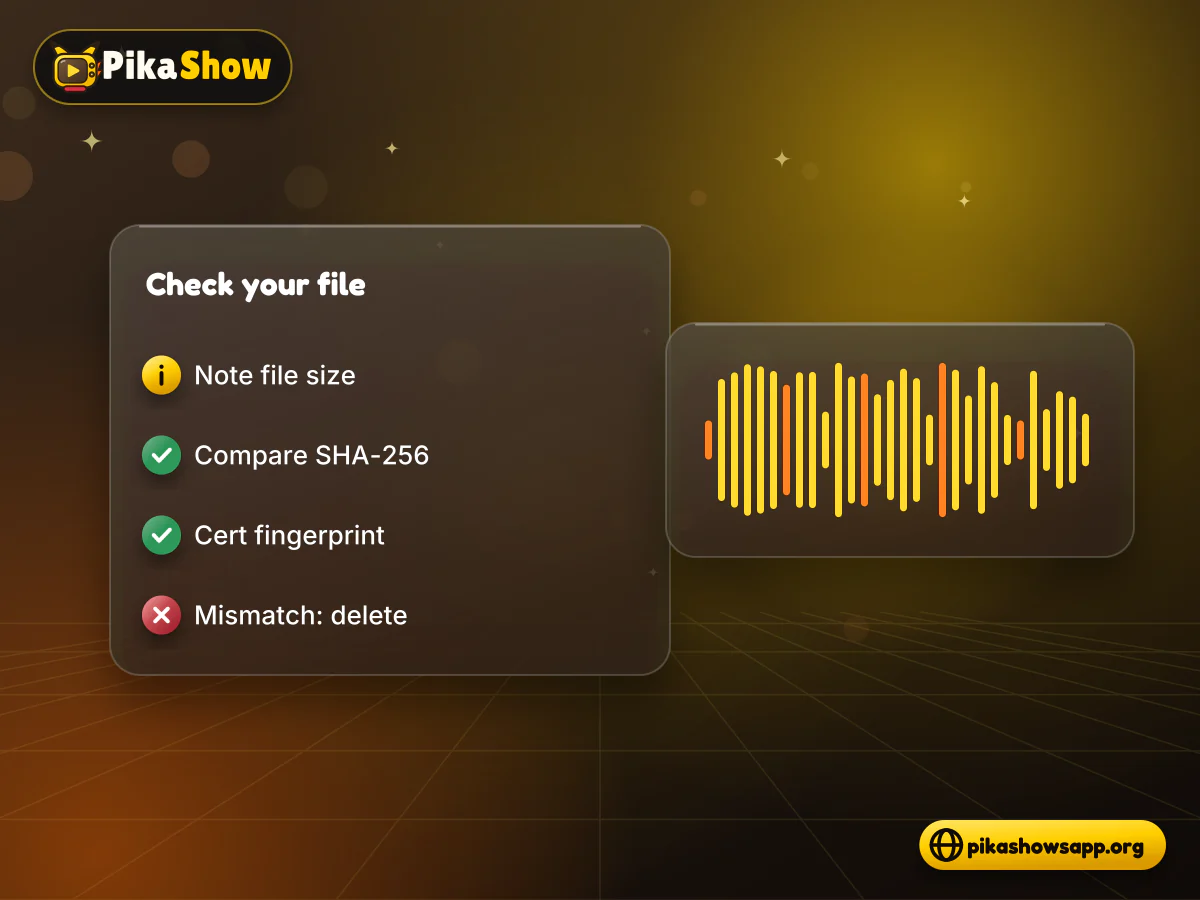 Check a MOD file Steps comparing a PikaShow MOD APK hash and certificate fingerprint with release values
