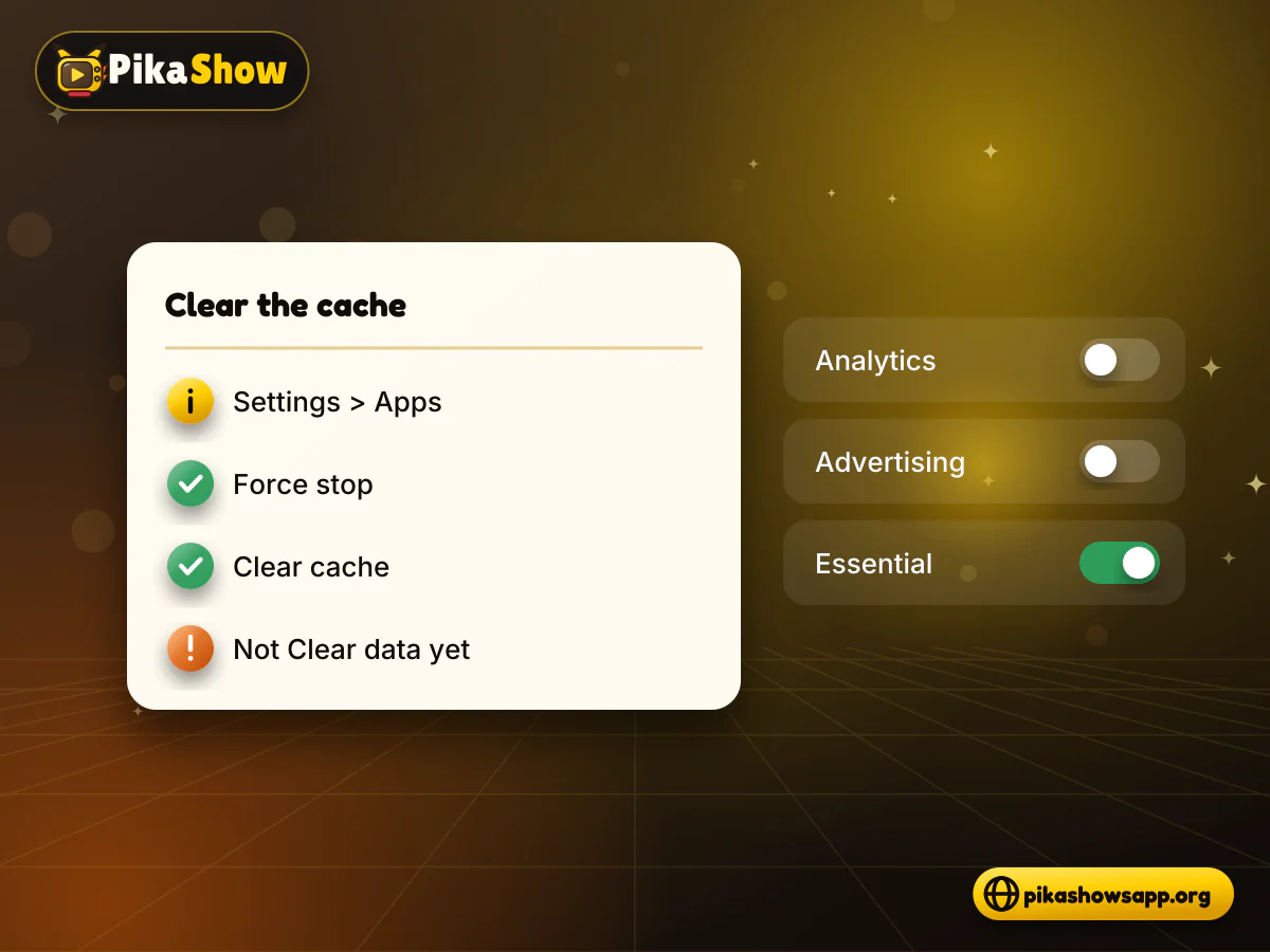 Force stop and clear cache Android app info screen for PikaShow with Force stop and Clear cache highlighted after an update