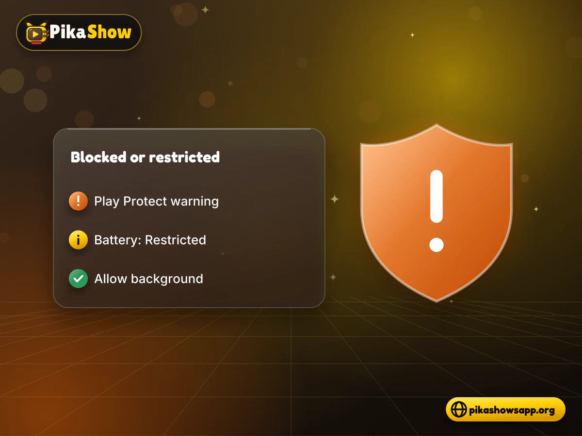 Play Protect and battery settings Play Protect warning and battery optimisation toggles on an Android phone after a PikaShow update