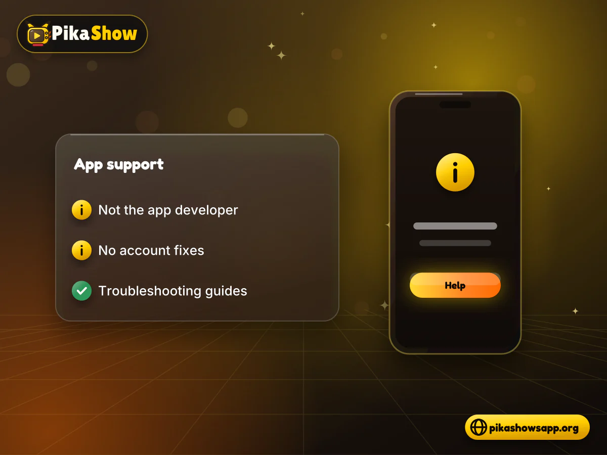 Phone help screen beside a note that this website is not the app developer