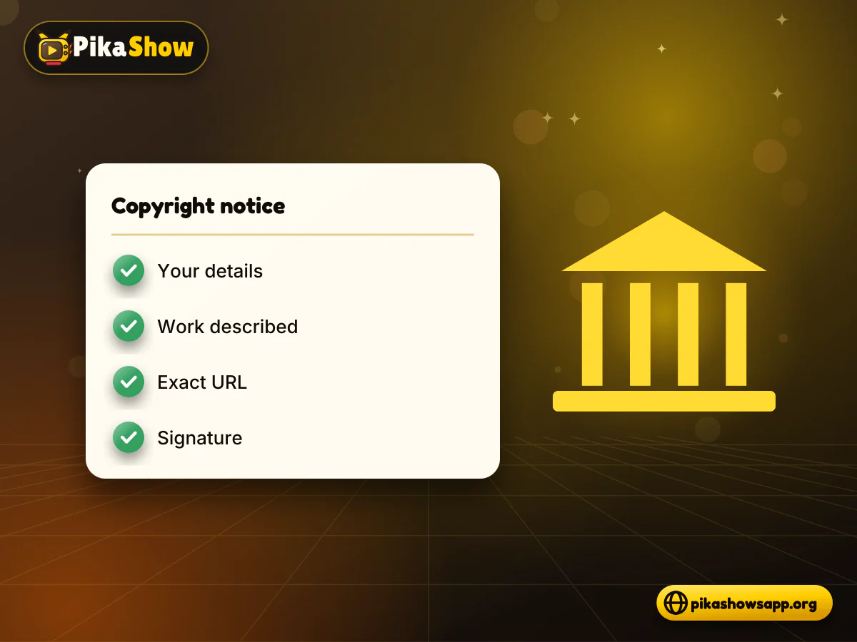Copyright notice document with contact details, work, URL and signature beside courthouse icon