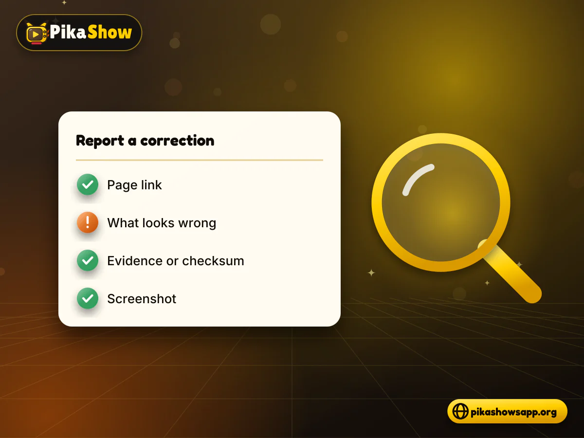 Correction report document listing page link, issue, evidence and screenshot with a magnifier