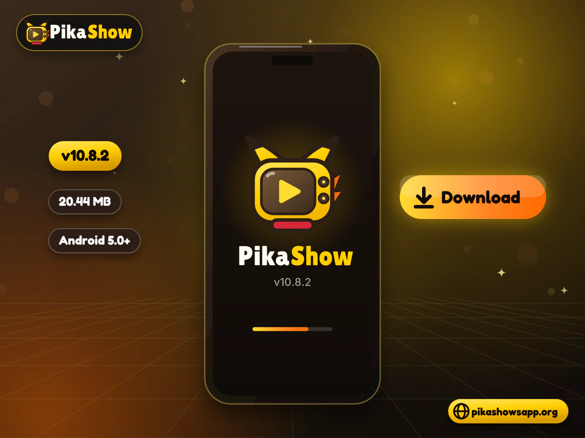 Download the latest Pikashow APK Phone opening the Pikashow app splash screen with a glowing download button and version, size and Android chips