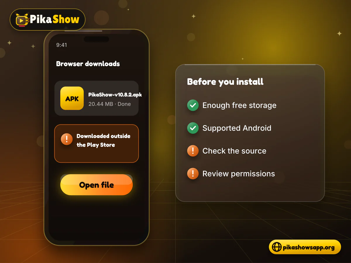 Phone browser downloads list showing the Pikashow APK file with an outside Play Store notice and open button