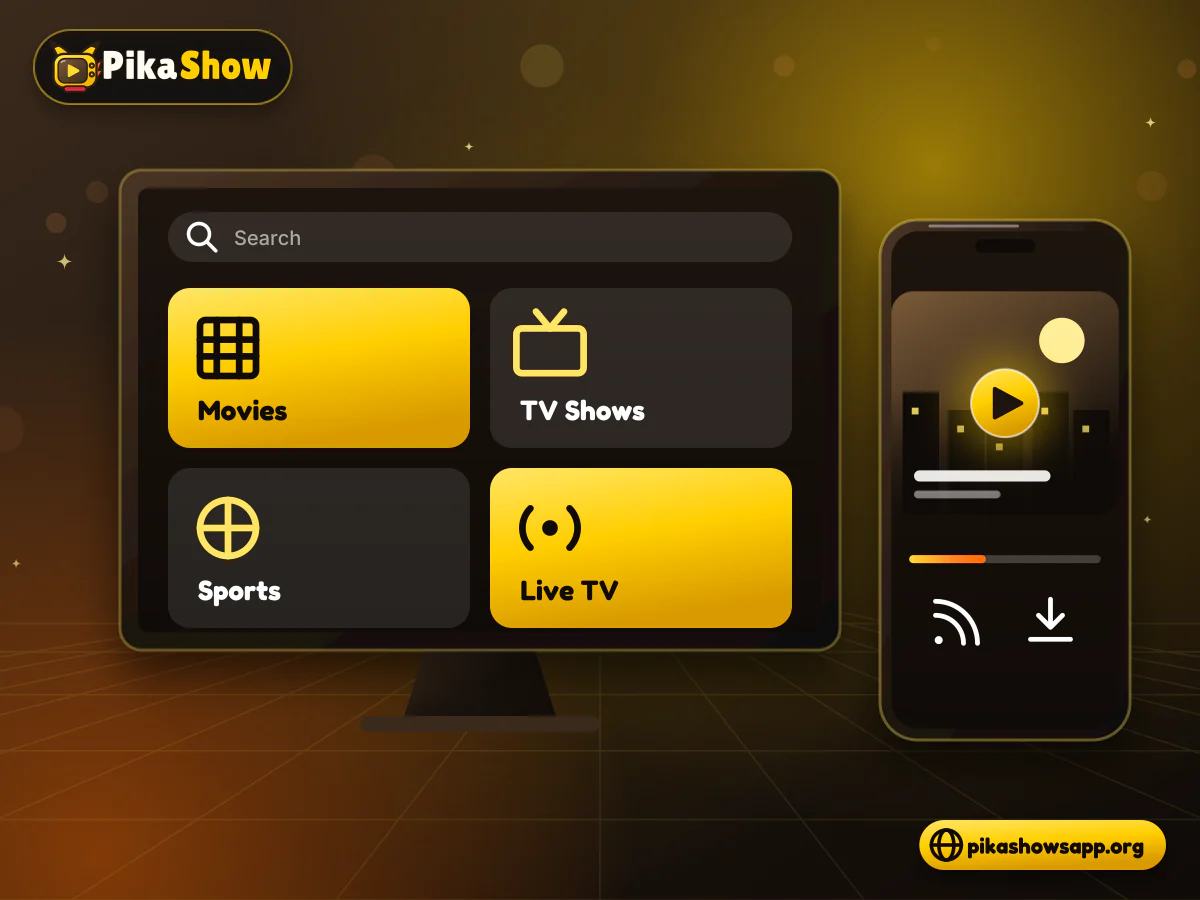 Pikashow app categories Tablet with movies, TV shows, sports and live TV category tiles beside a phone playing a video