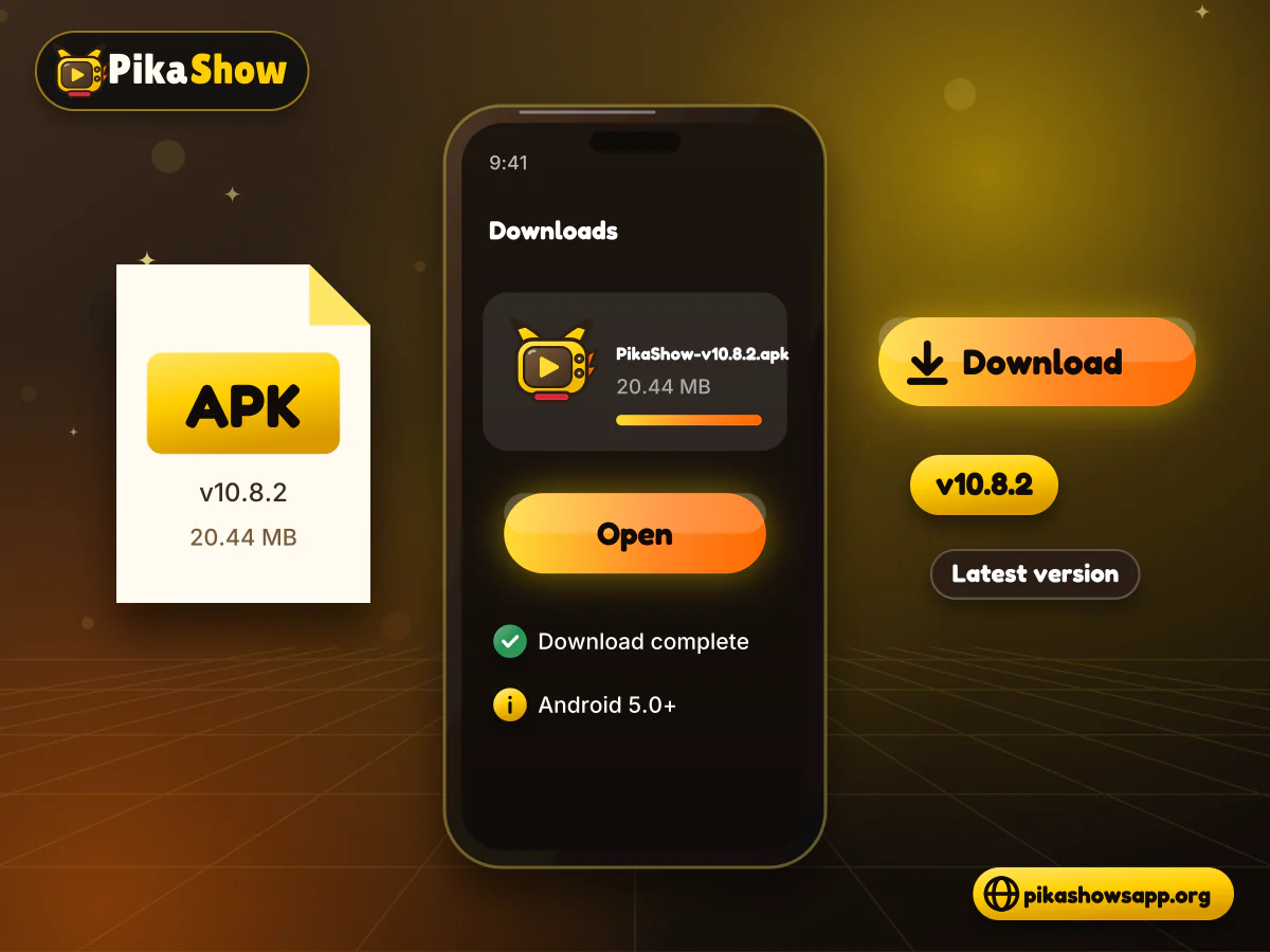 Pikashow APK download for Android Android phone showing a completed Pikashow APK download beside an APK file card and download button