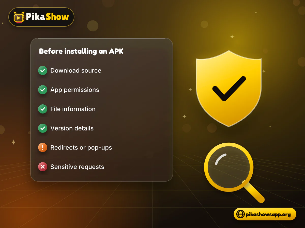 APK safety checks Checklist of APK source, permission, file and version checks beside a glowing security shield