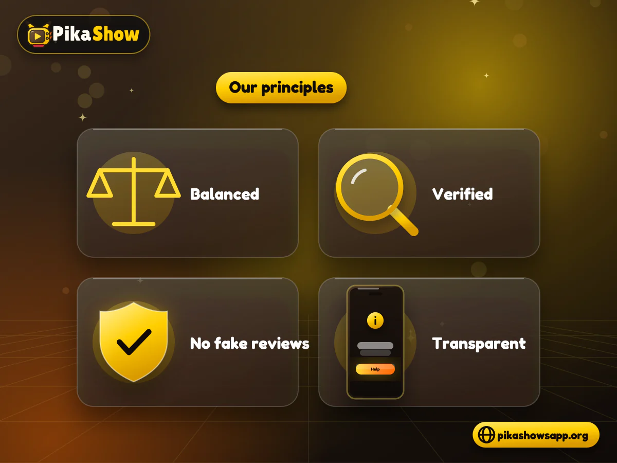 Editorial principles Four tiles for balanced, verified, no fake reviews and transparent editorial principles