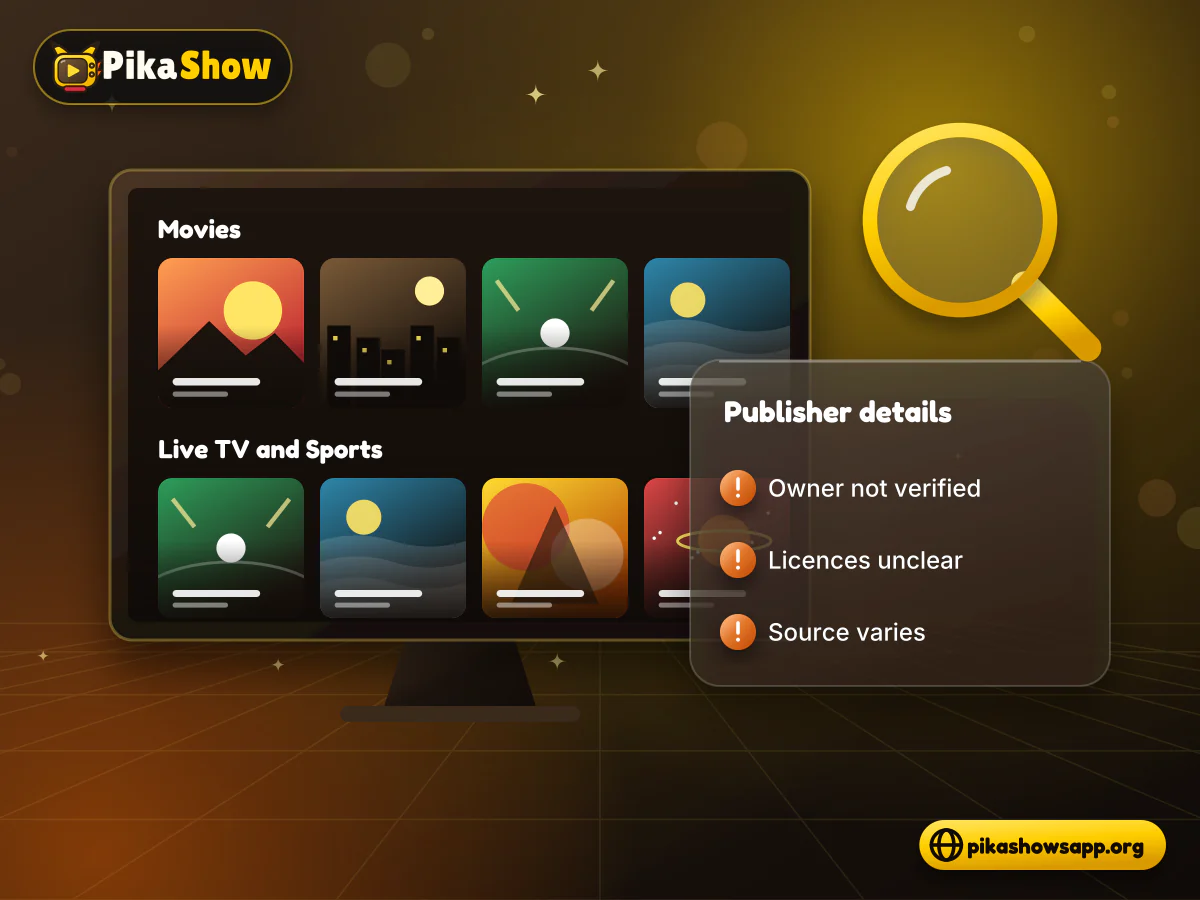 Streaming app window with movie, series, live TV and sports tiles next to an unverified publisher badge