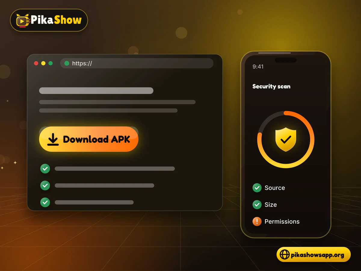 Browser window with a padlock and file download beside a phone running a security scan on an APK