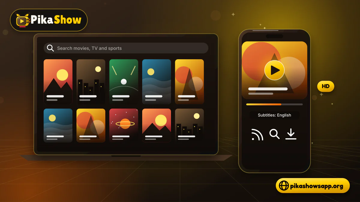 Phone and tablet showing category rows, a search bar, a video player with subtitles and a cast control
