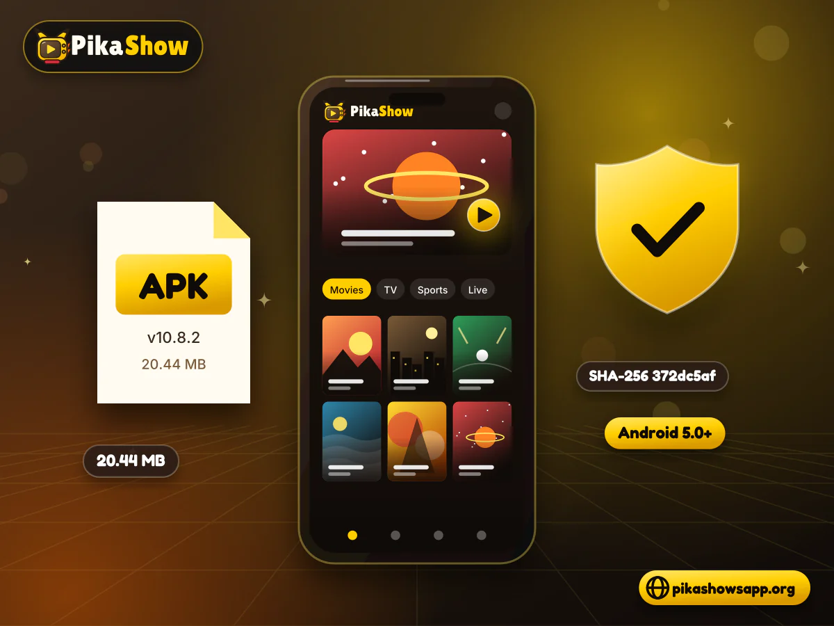 Android phone showing a streaming app interface with category tiles beside a security shield and APK file card