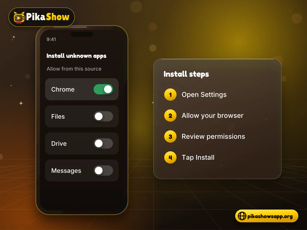 Android settings screen with the install unknown apps toggle and a permission review list