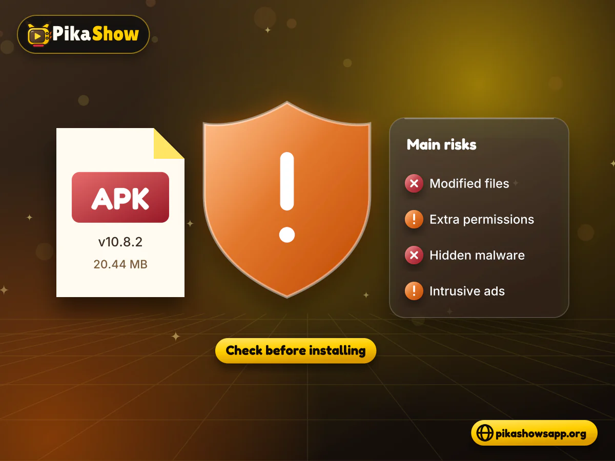 Shield with a warning mark in front of a phone showing permission requests and an altered APK file