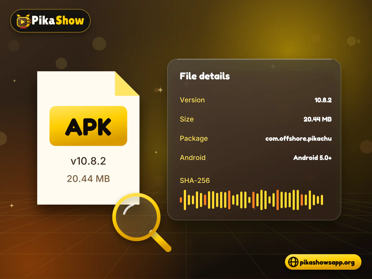 APK file card with version details, a SHA-256 fingerprint strip and a magnifying glass inspecting the file