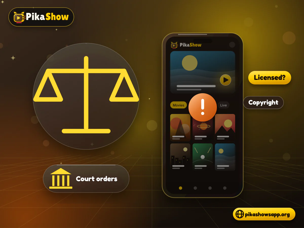 PikaShow copyright and legality Balance scale and courthouse icon beside a phone streaming app with copyright and licence status badges