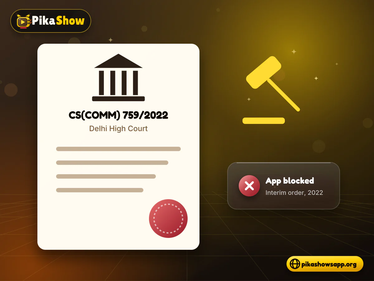 Delhi High Court proceedings Court case document with a seal, courthouse pillars and gavel beside a blocked app notice