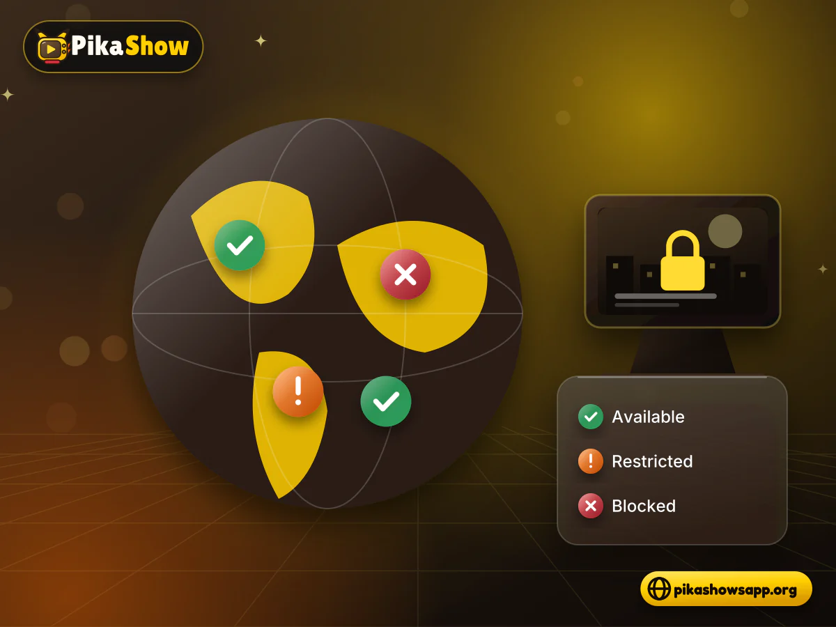 Regional streaming restrictions Globe with region pins showing available, restricted and blocked badges beside a locked streaming player