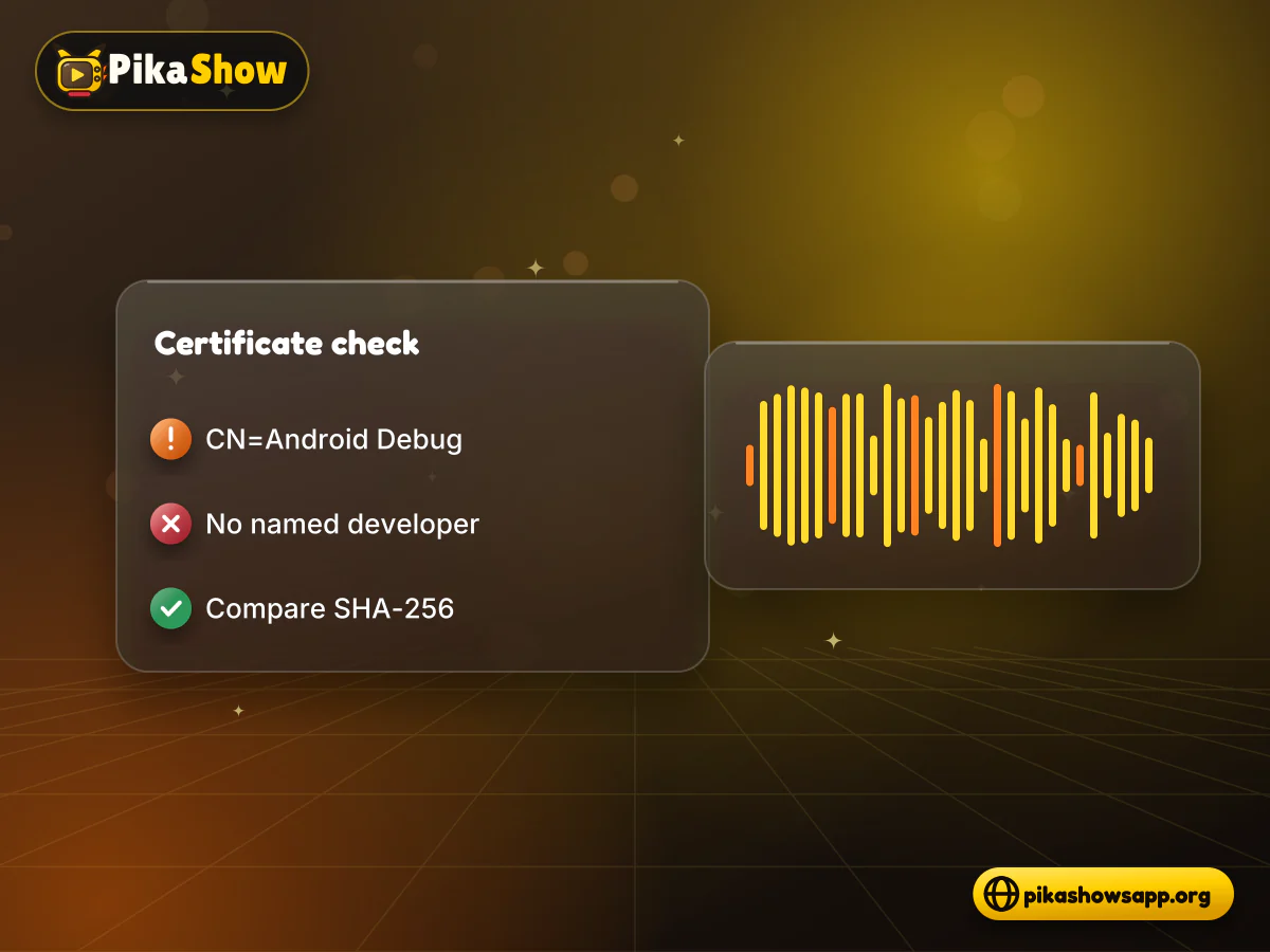 Debug certificate fingerprint PikaShow APK signing certificate card labelled Android Debug beside a fingerprint comparison for safety checks