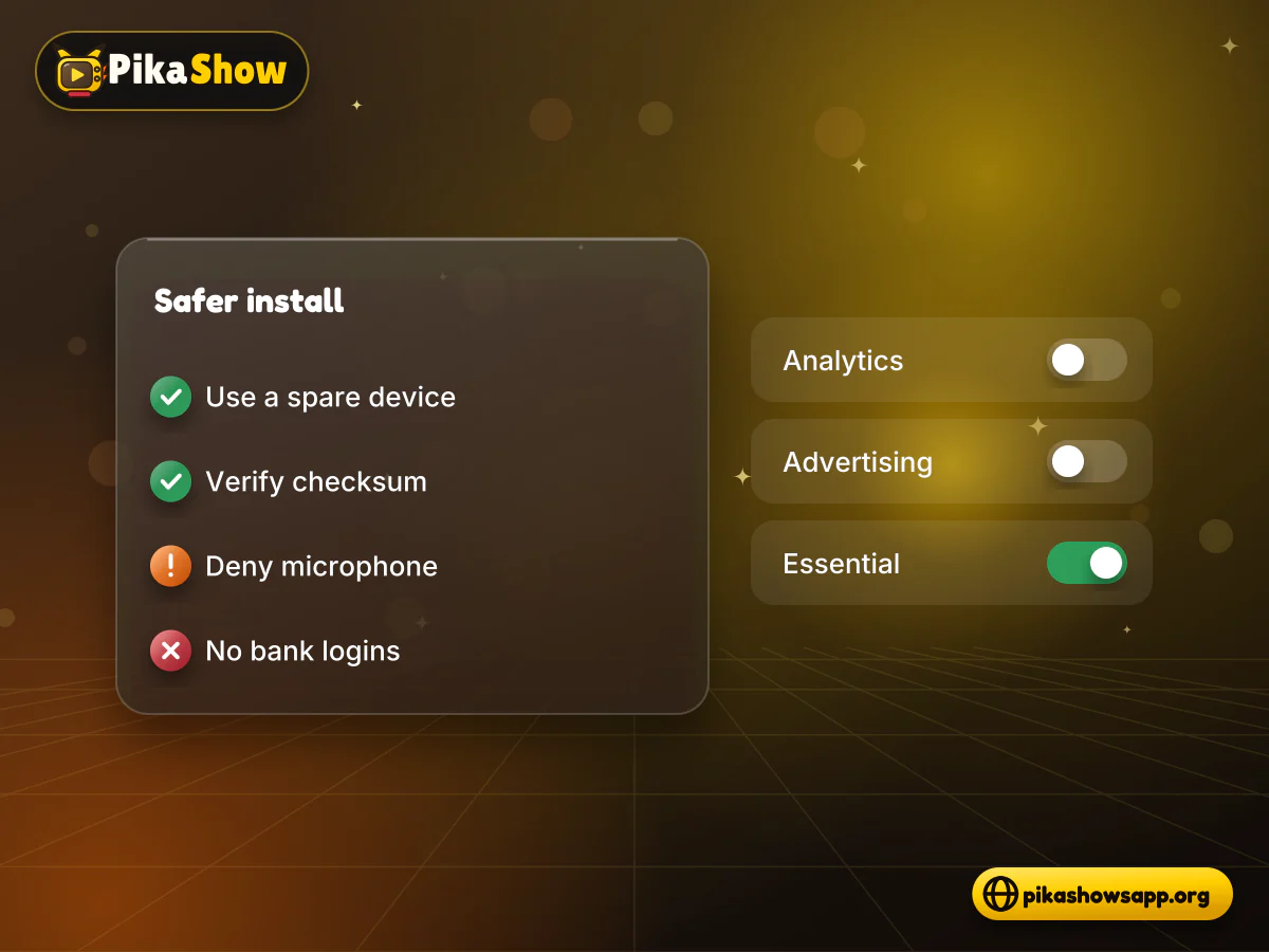 Safer install checklist Phone with toggles for install unknown apps and microphone off beside a safer PikaShow APK install checklist