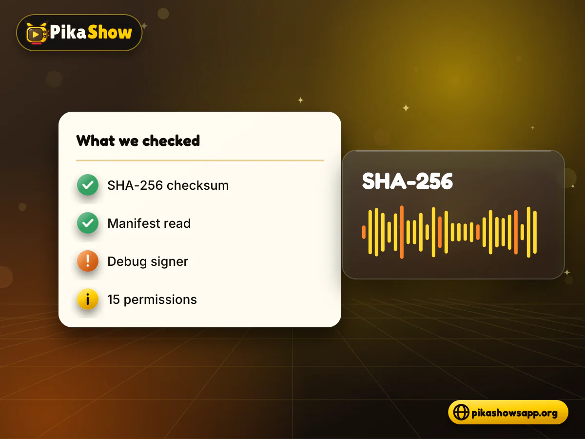Static analysis checks Checklist of PikaShow APK safety checks covering SHA-256 hash, manifest, signing certificate and readable code
