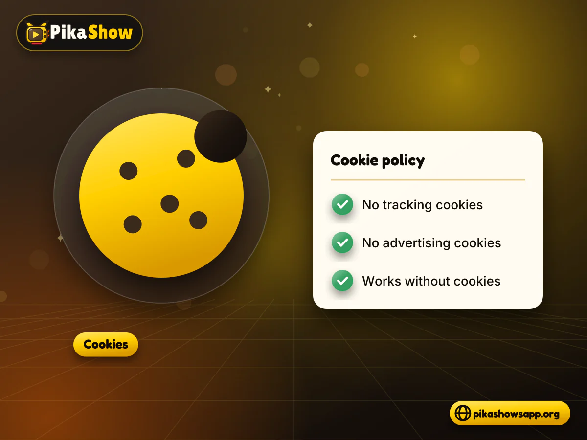 Yellow cookie beside a policy card confirming no tracking or advertising cookies are used