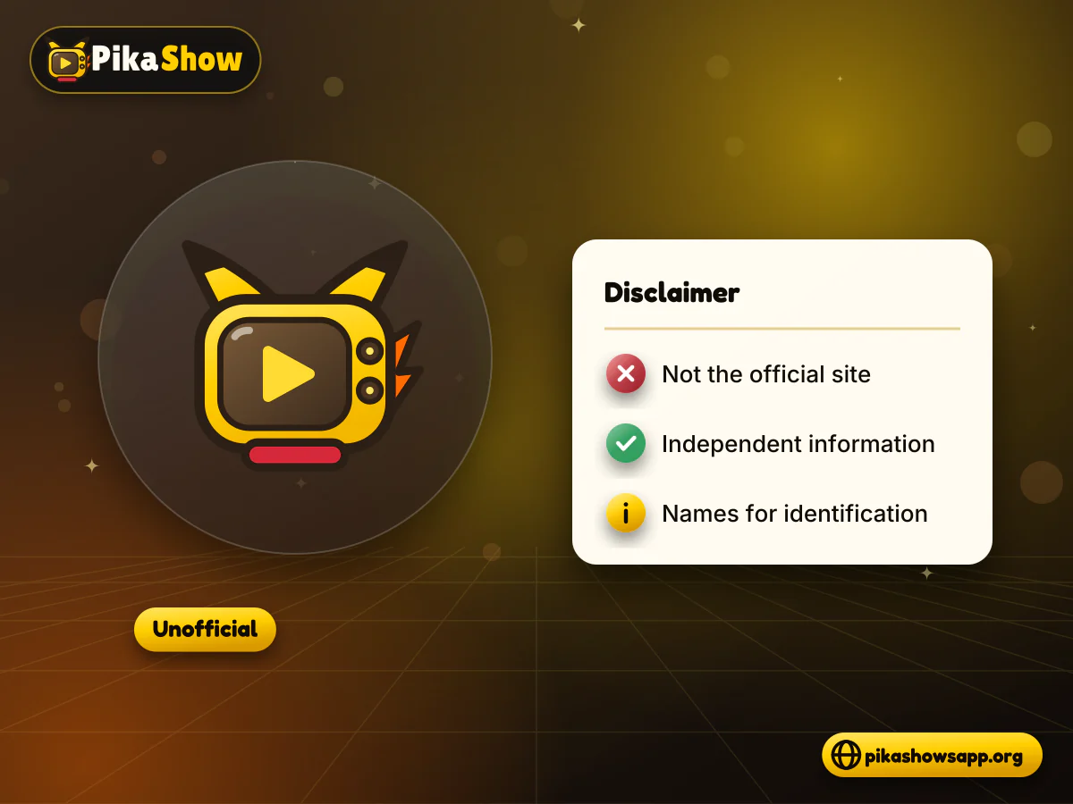 Unofficial website disclaimer PikaShow mascot beside a disclaimer card stating this is not the official PikaShow website