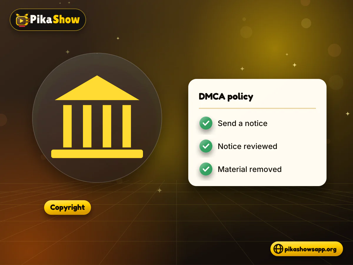 DMCA copyright takedown Courthouse icon beside a DMCA process card for sending, reviewing and removing reported material