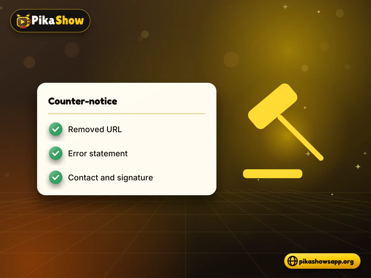 DMCA counter-notice Counter-notice document with removed URL, error statement and signature beside a gavel