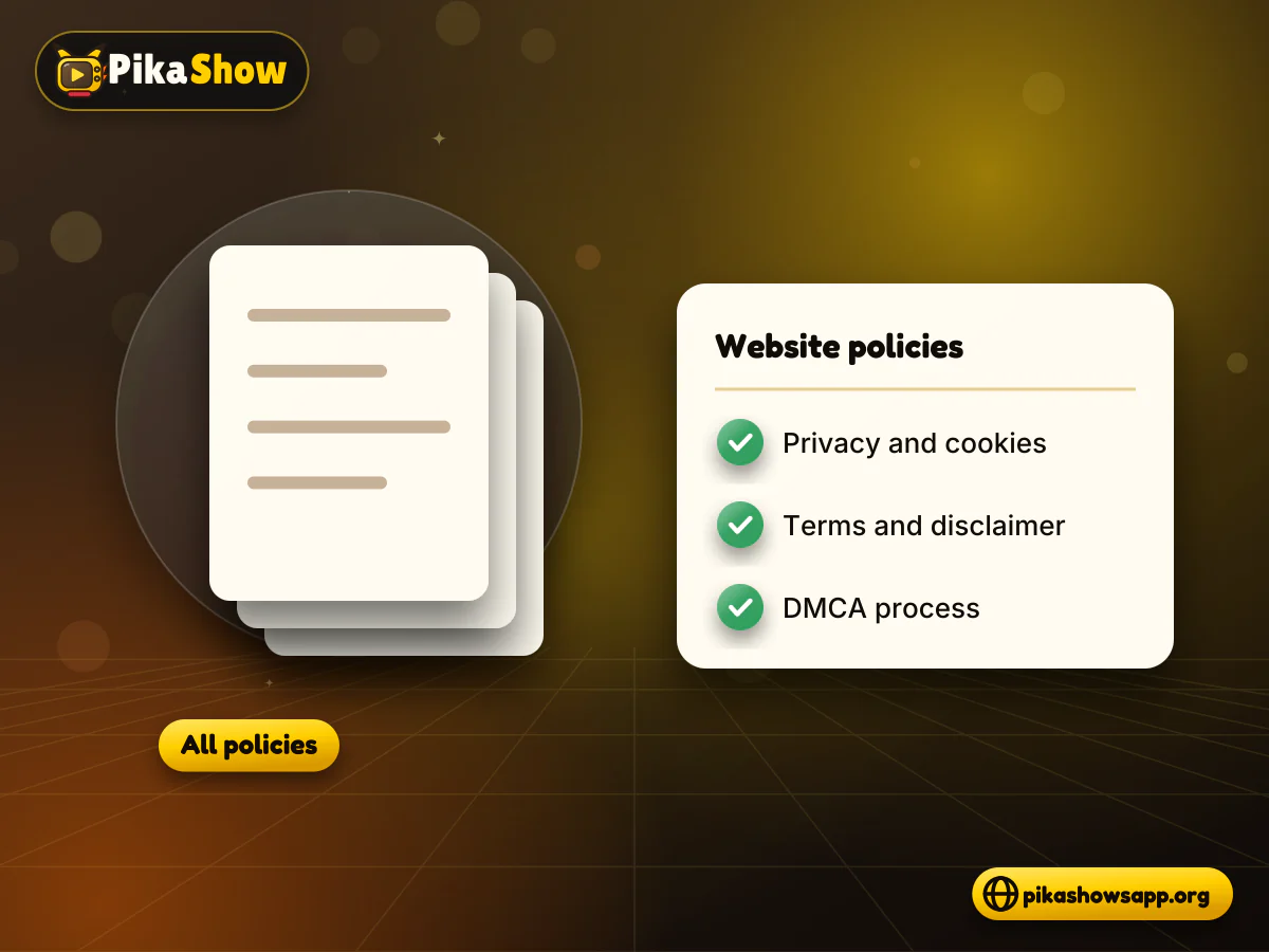 Website policies hub Stack of policy documents beside a list of privacy, terms and DMCA pages