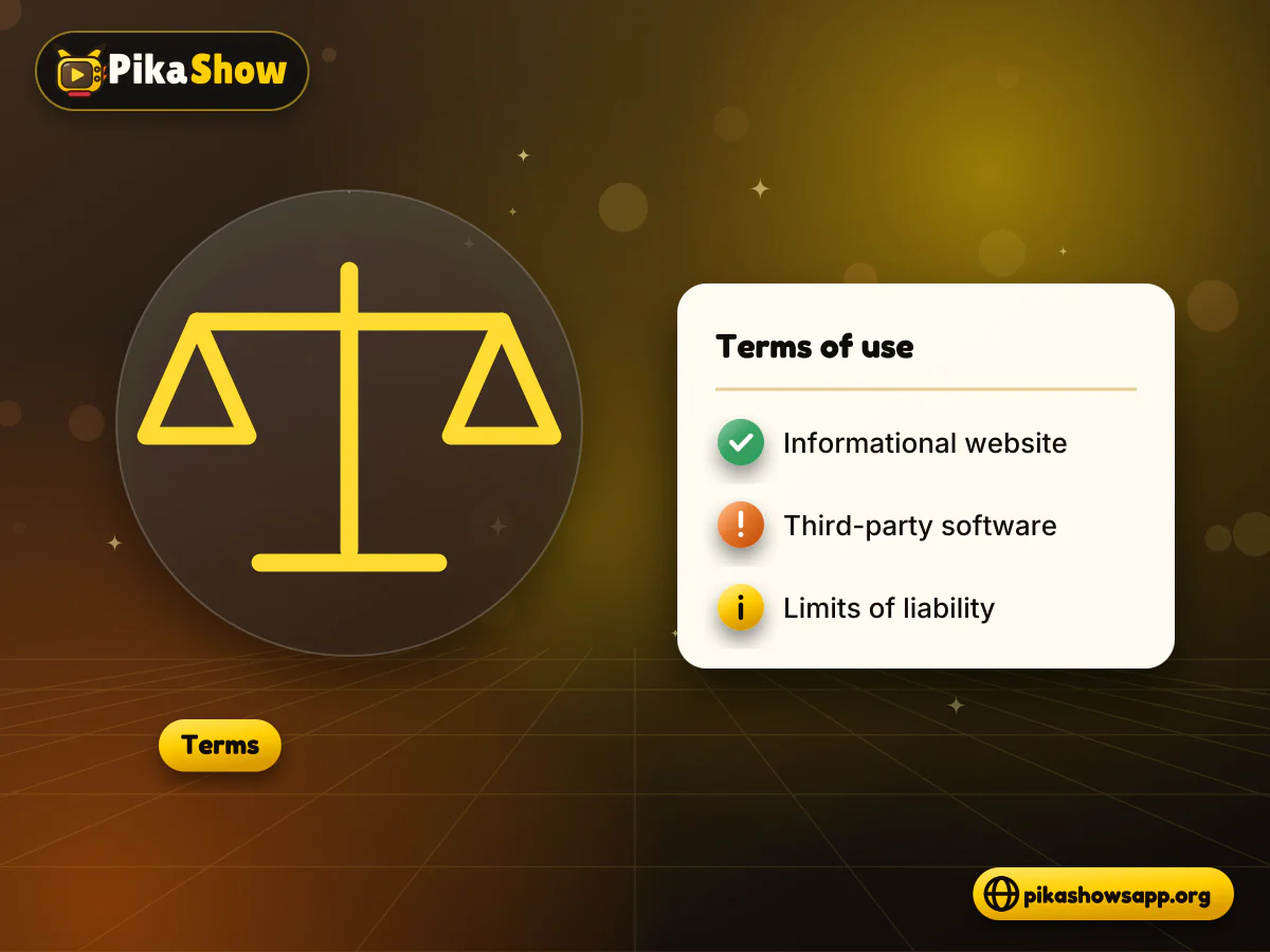 Balance scale beside a terms summary of informational use, third-party software and liability