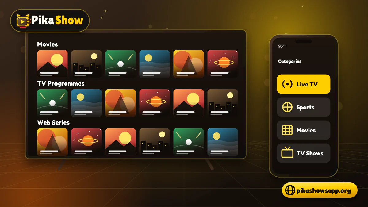 PikaShow content categories TV and phone screens with movies, TV programmes, web series, live TV and sports category rows