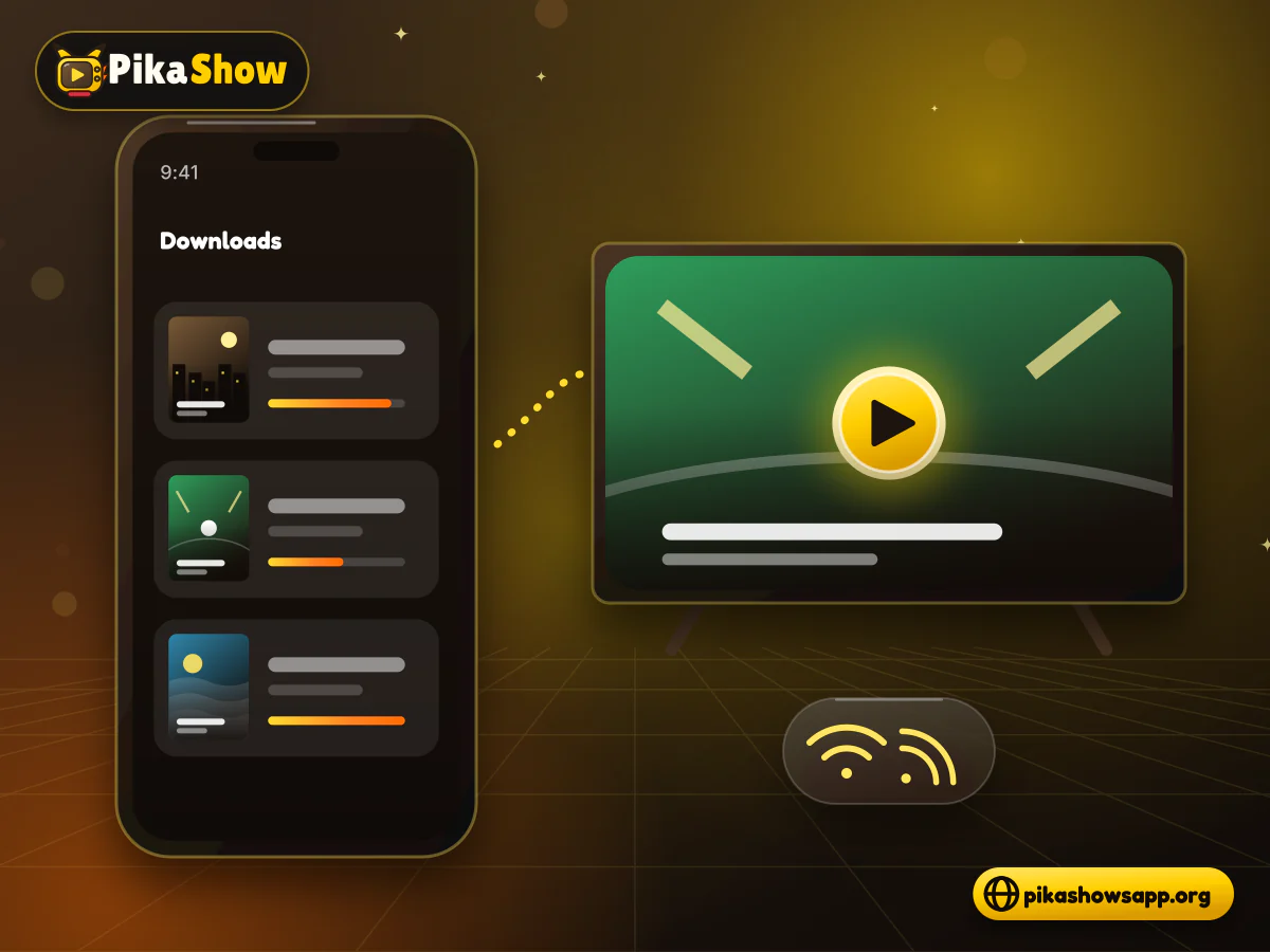 Offline downloads and casting Phone downloads list with saved video progress bars casting a video to a television on the same Wi-Fi