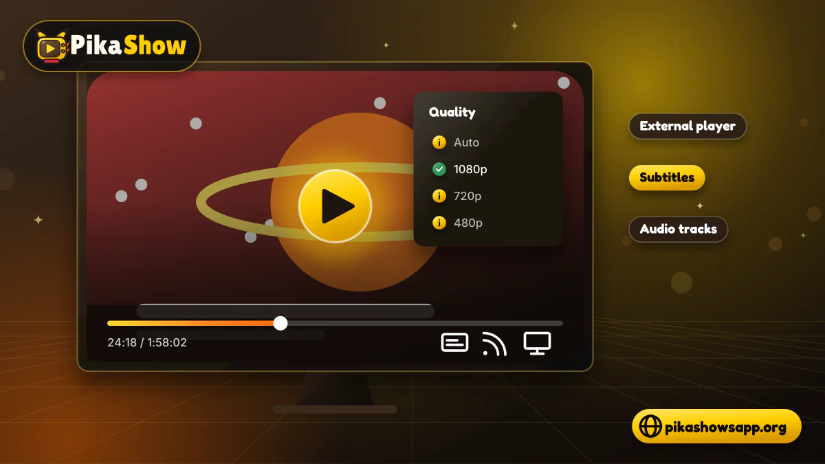 PikaShow playback controls Video player with quality menu, subtitle selector, progress bar and external player option on a dark screen