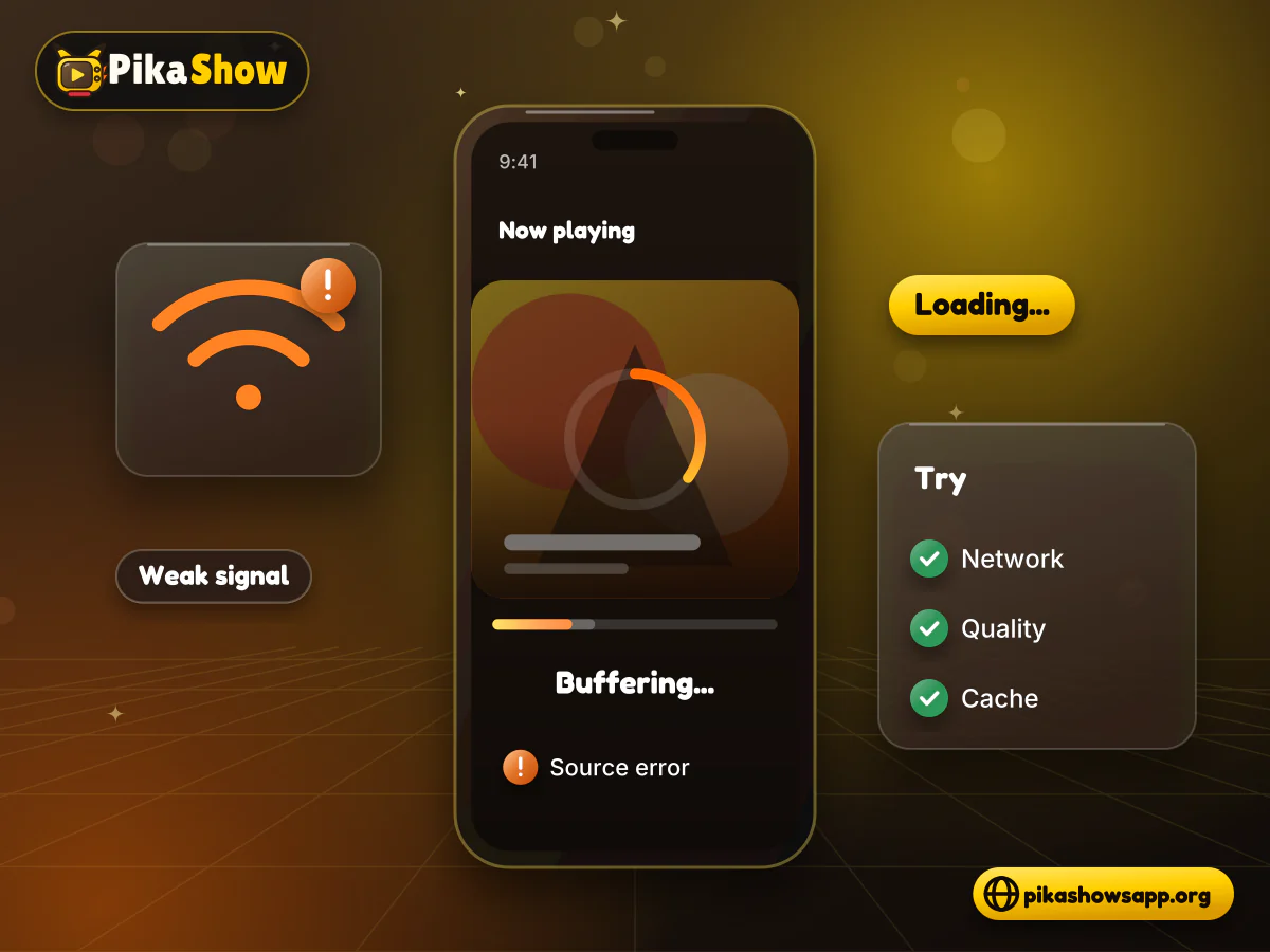 PikaShow buffering and not playing Phone video player stuck on a loading ring with a weak Wi-Fi signal and a source error chip